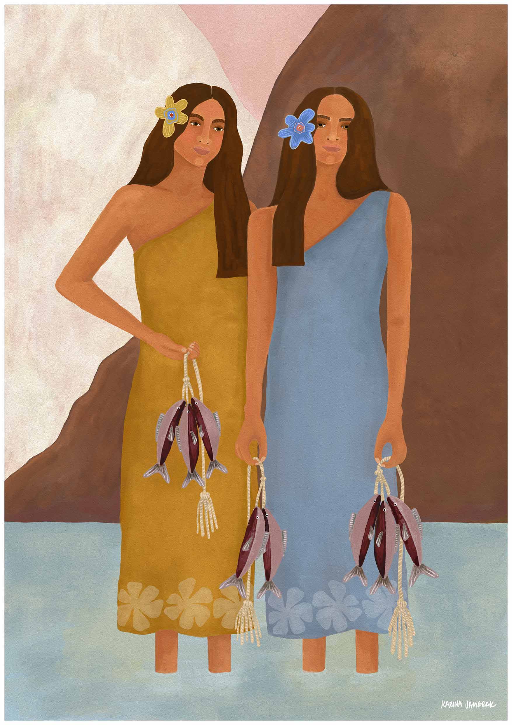 Island Girls Catching Fish Fine Art Print