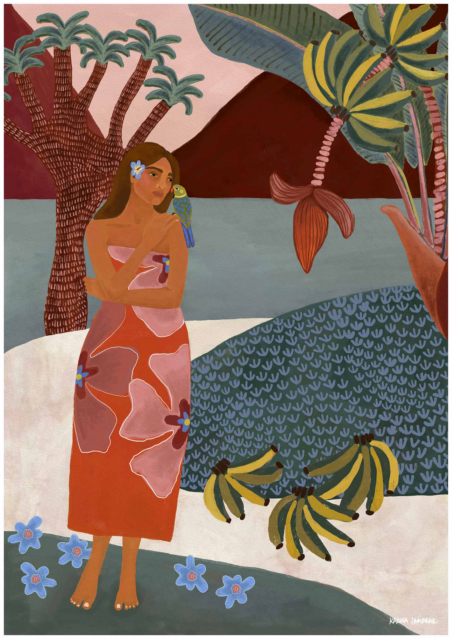 Island Walk With Parrot Fine Art Print