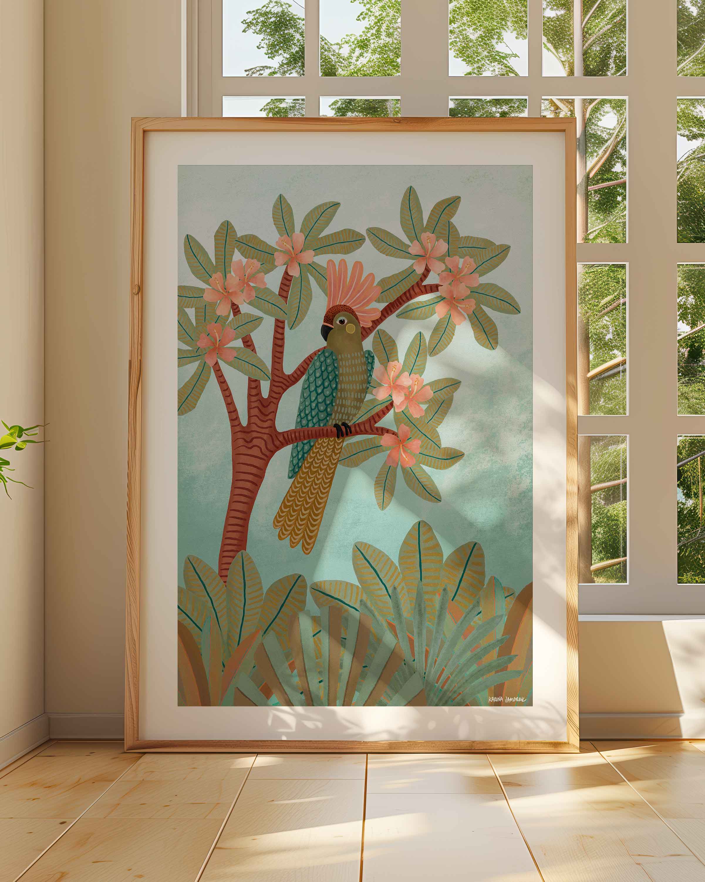 Parrot In Hibiscus Tree Fine Art Print