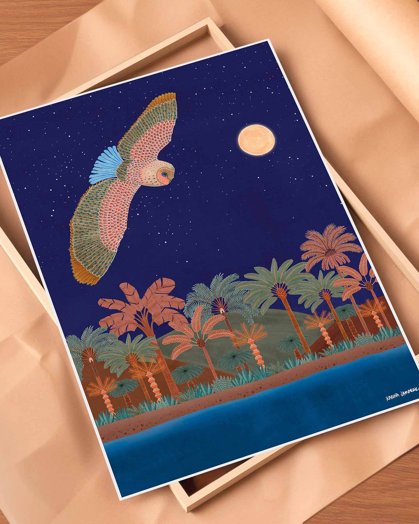 Moonlight Goodnight Flying Owl Fine Art Print