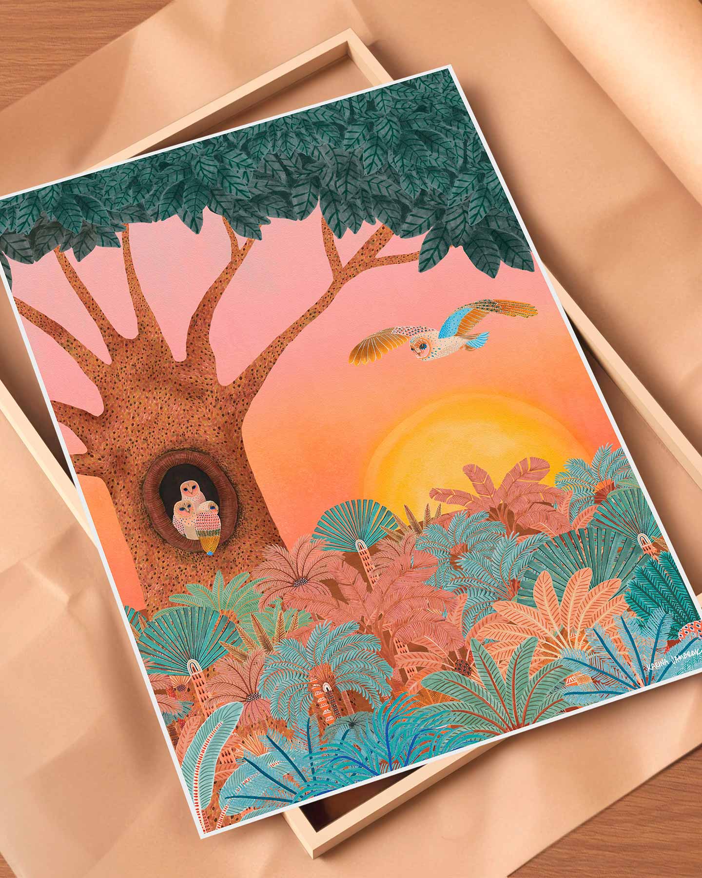 Moonlight Goodnight Sunset Owl Fine Art Print