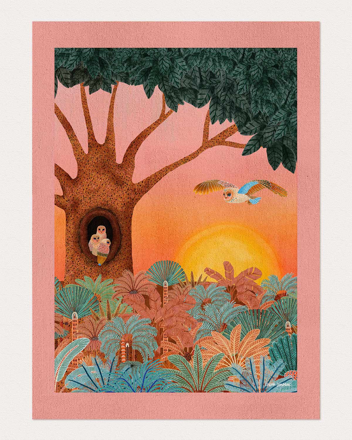 Moonlight Goodnight Sunset Owl Fine Art Print