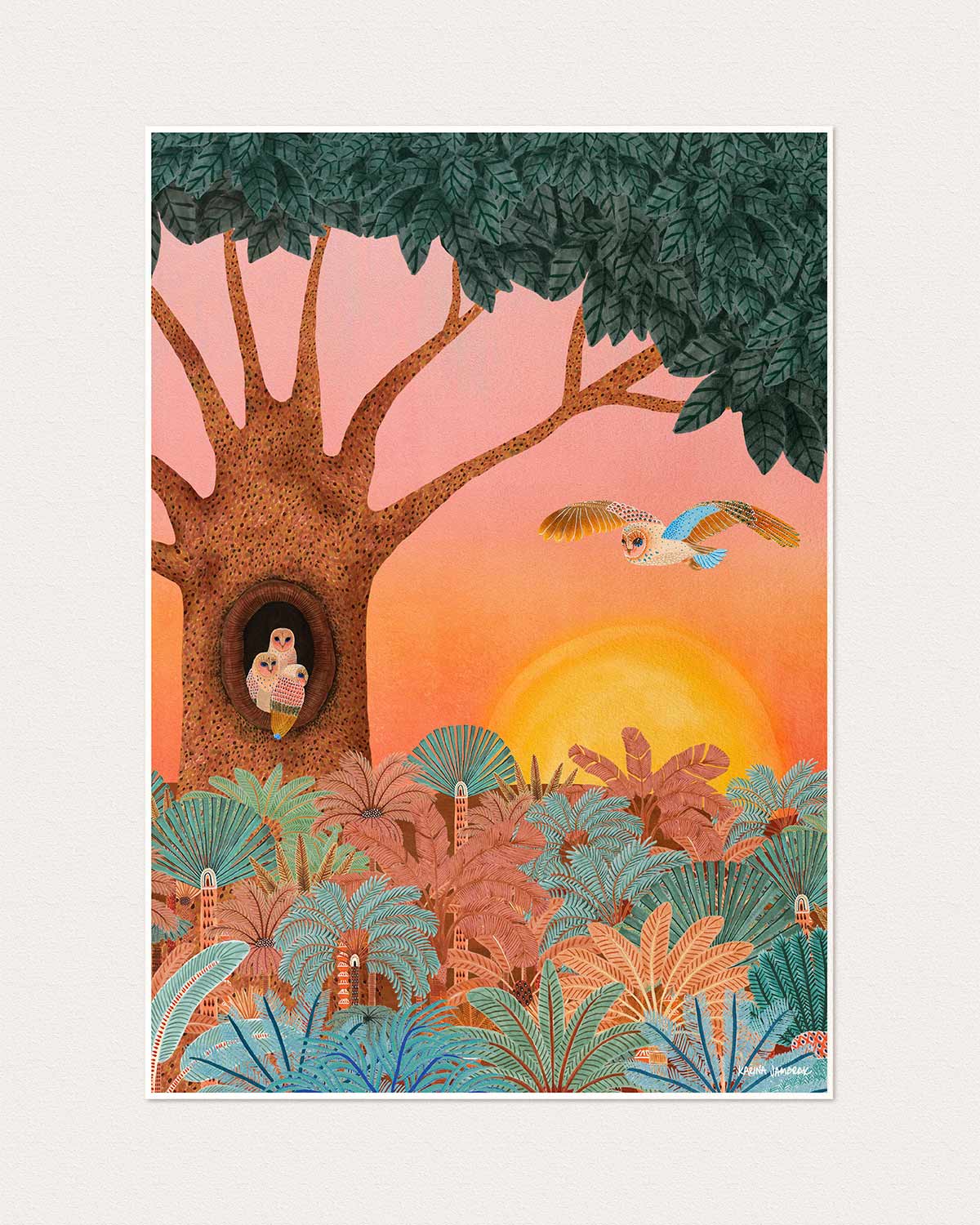 Moonlight Goodnight Sunset Owl Fine Art Print
