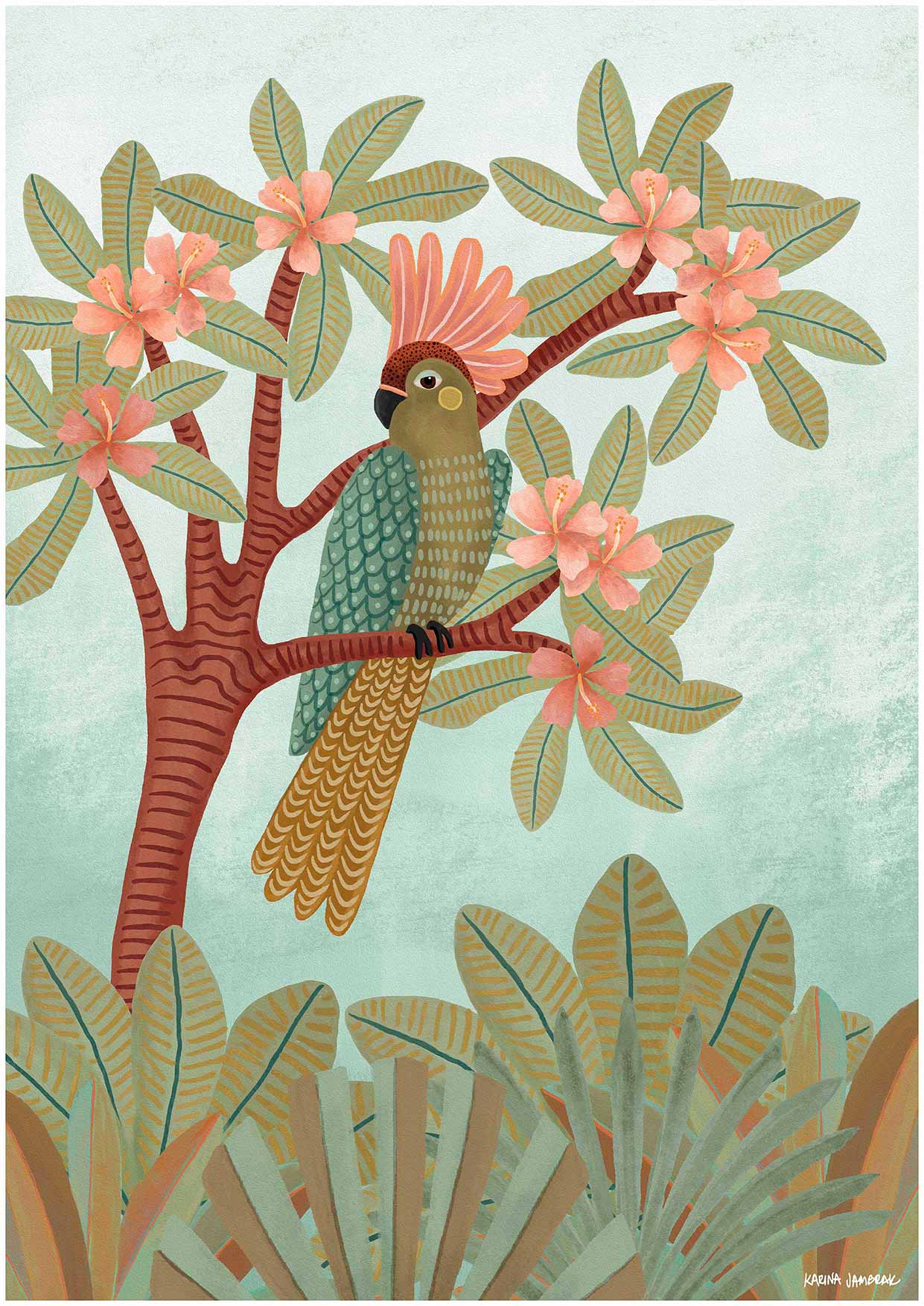 Parrot In Hibiscus Tree Fine Art Print