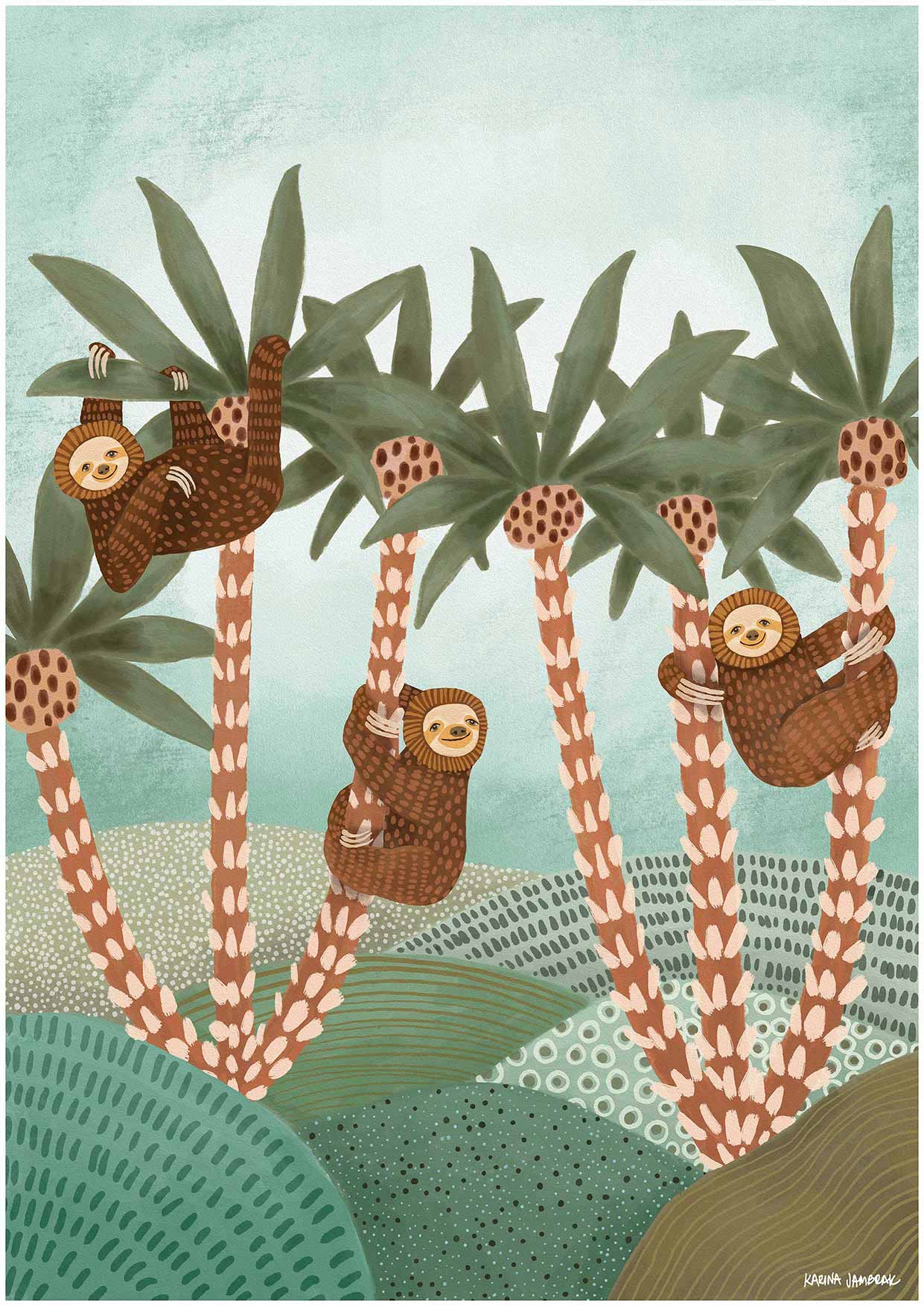 Sloths In Palms Fine Art Print