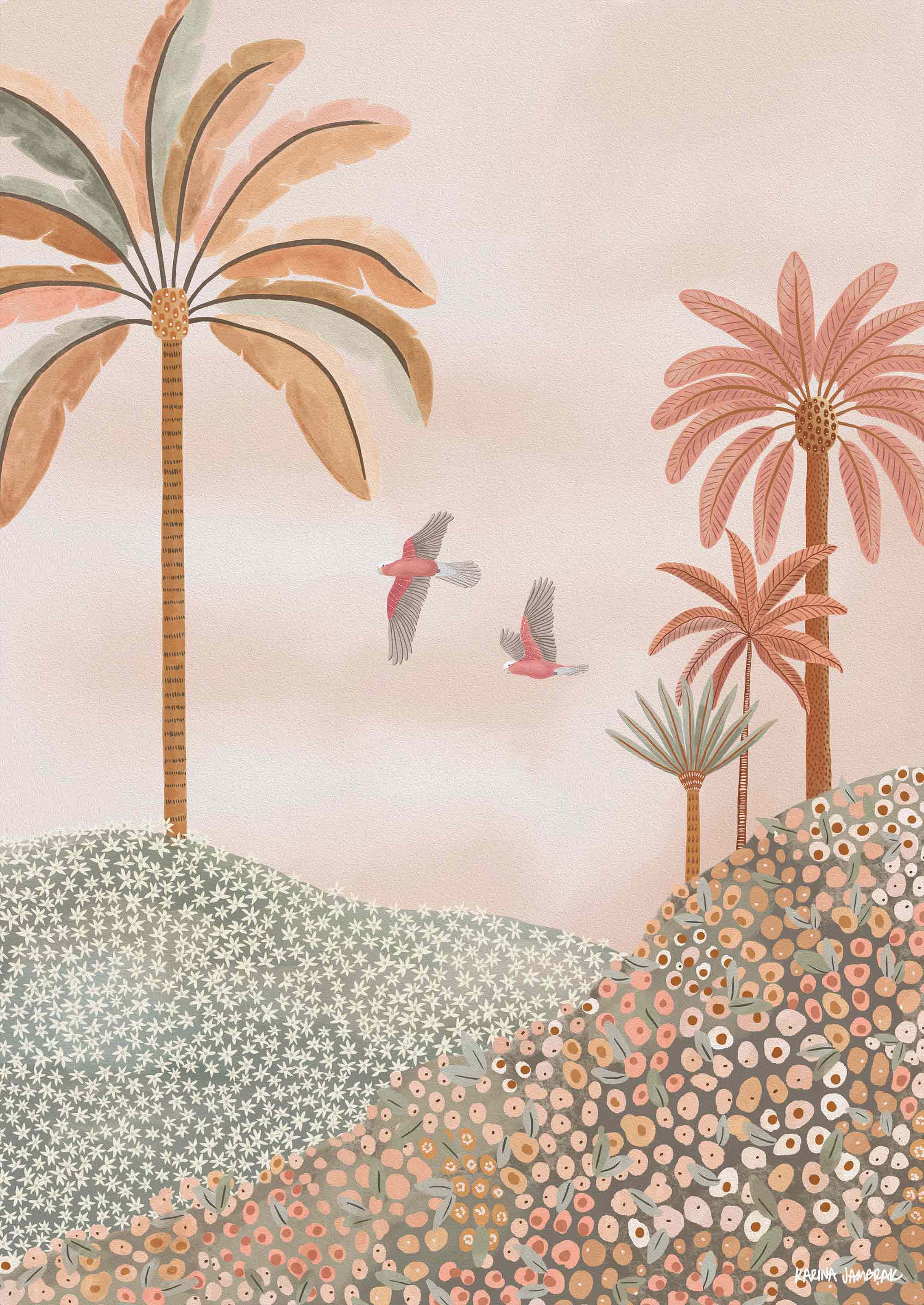 Wildflowers and Galahs Fine Art Print