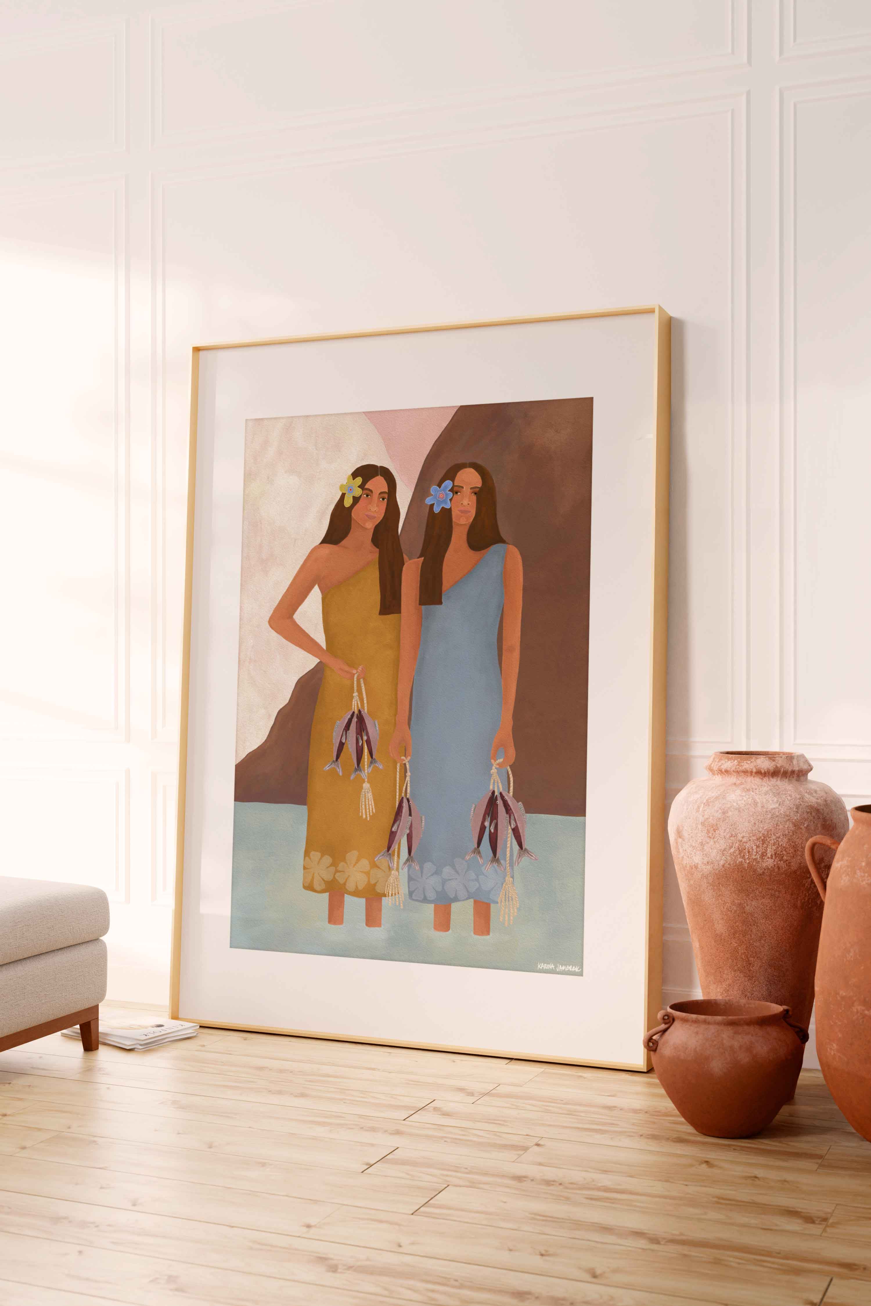 Island Girls Catching Fish Fine Art Print