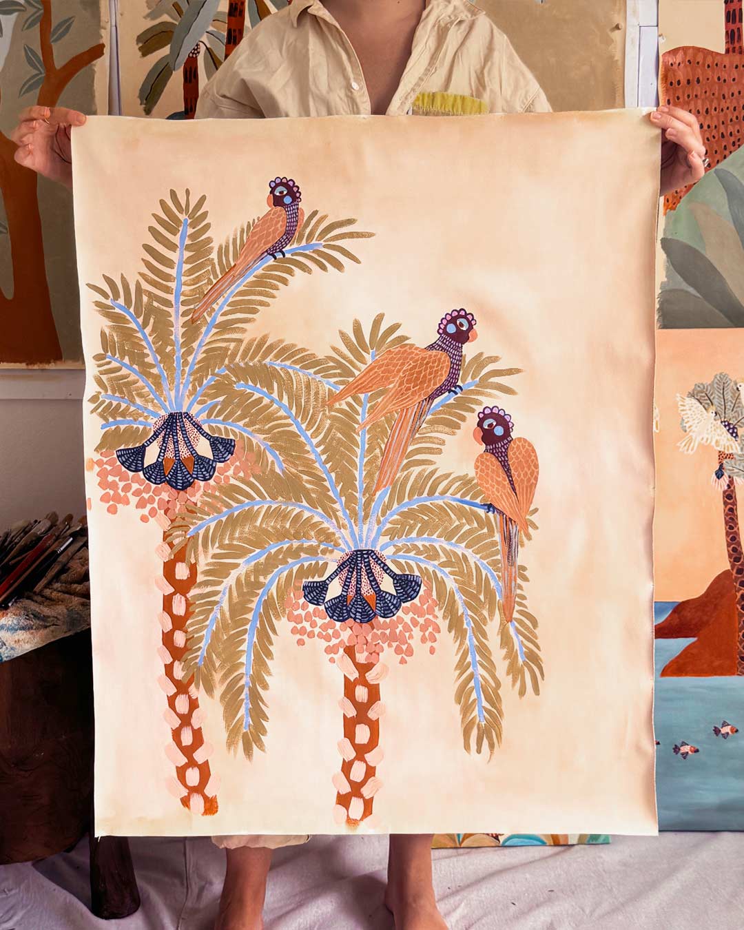 Parrots In Palms Original Painting