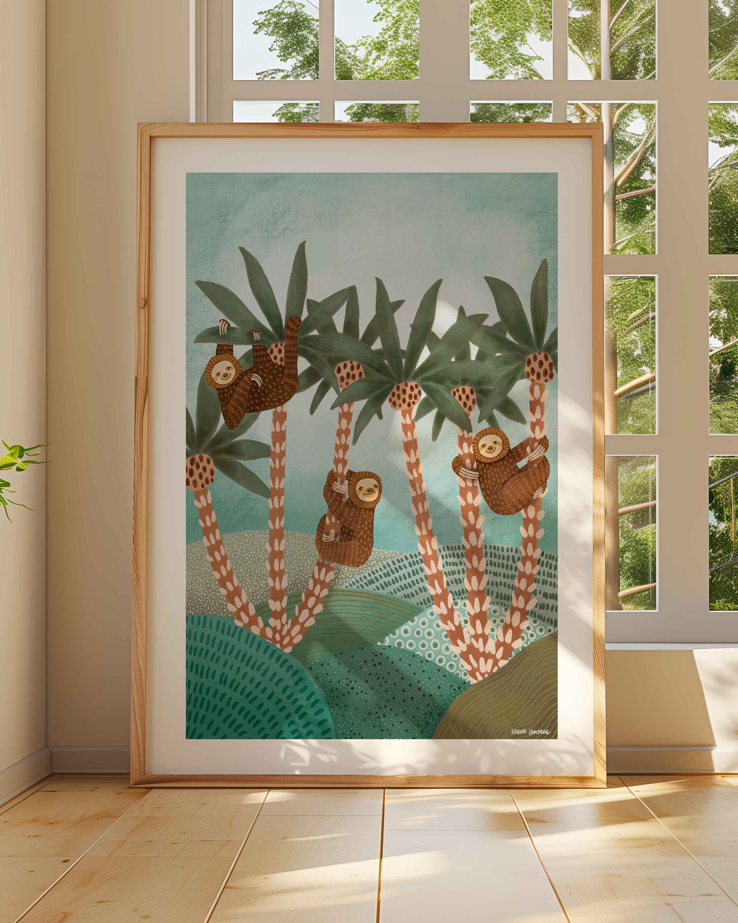 Sloths In Palms Fine Art Print